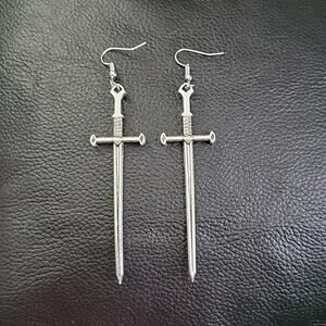Sword shaped silver tone earrings, stainless steel hooks